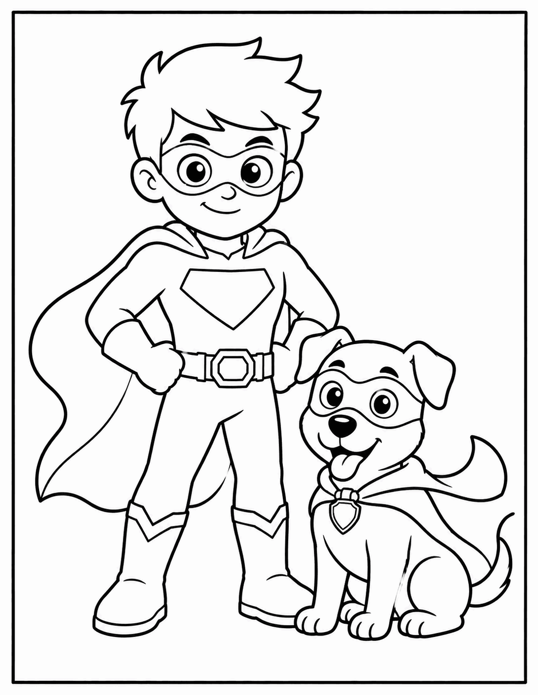 Outline drawing of a superhero boy standing with his superhero dog sidekick