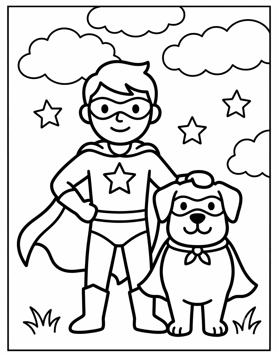 Outline drawing of a superhero boy standing with his superhero puppy sidekick and stars