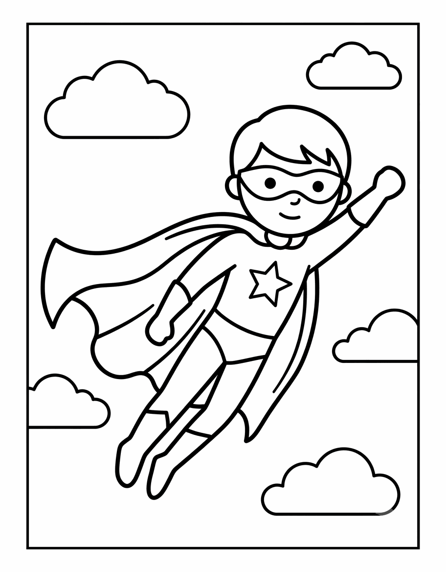 Outline drawing of a superhero boy flying through clouds with his fist raised