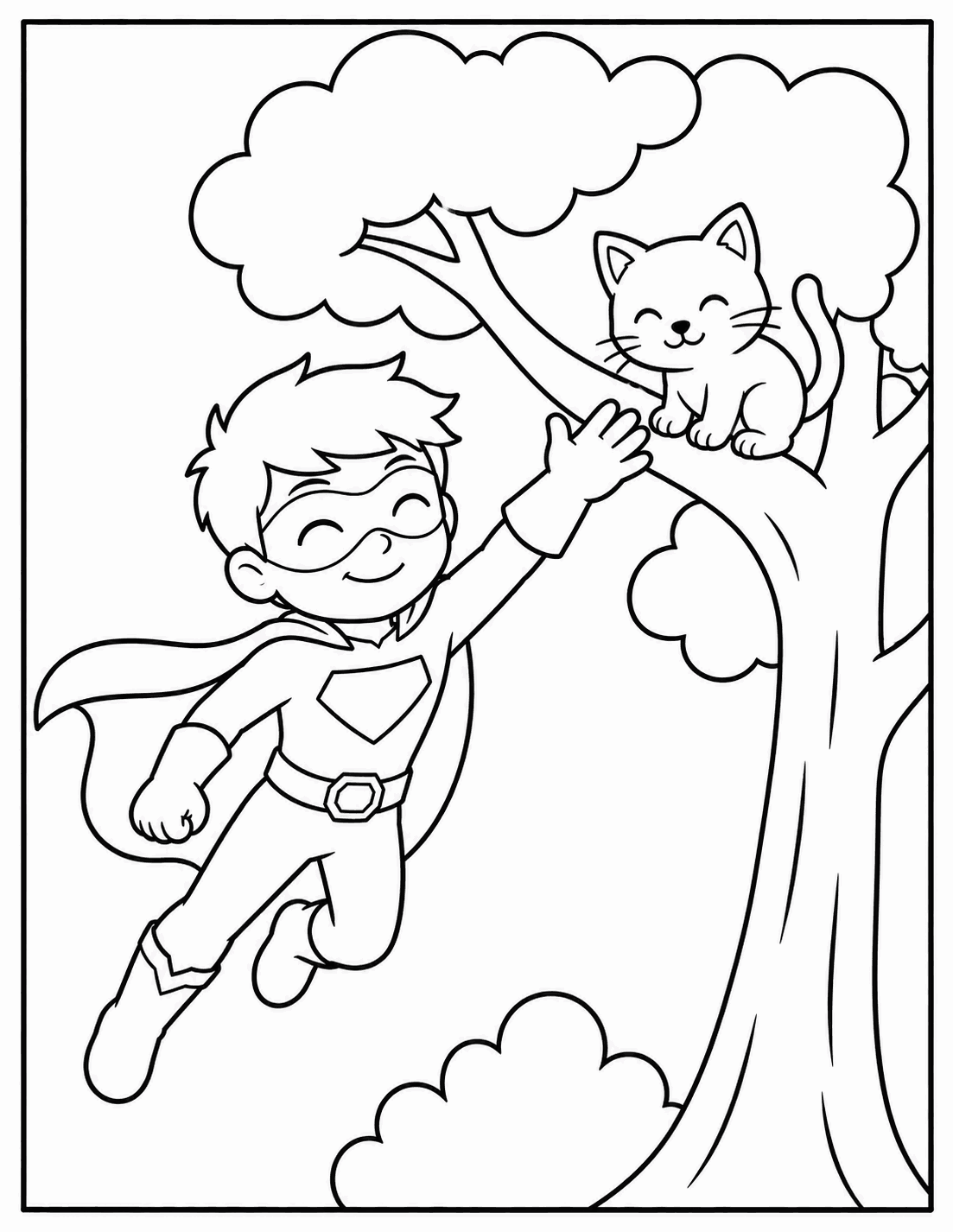 Outline drawing of a flying superhero boy high-fiving a kitten in a tree