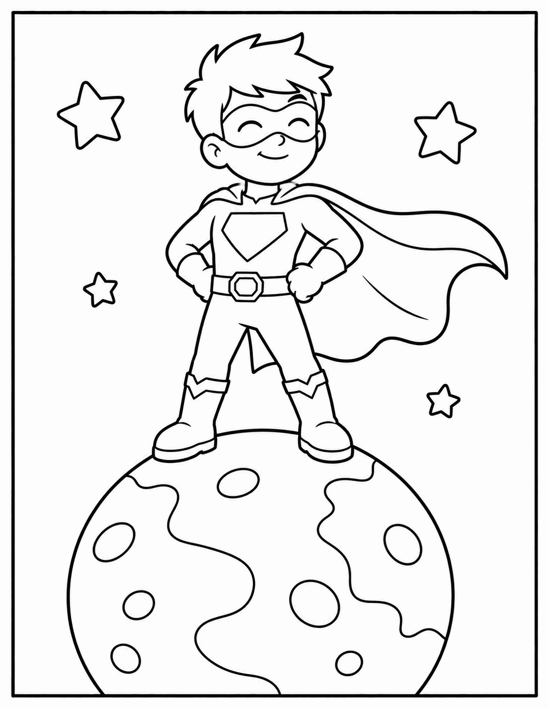 Outline drawing of a superhero boy standing on the moon surrounded by stars