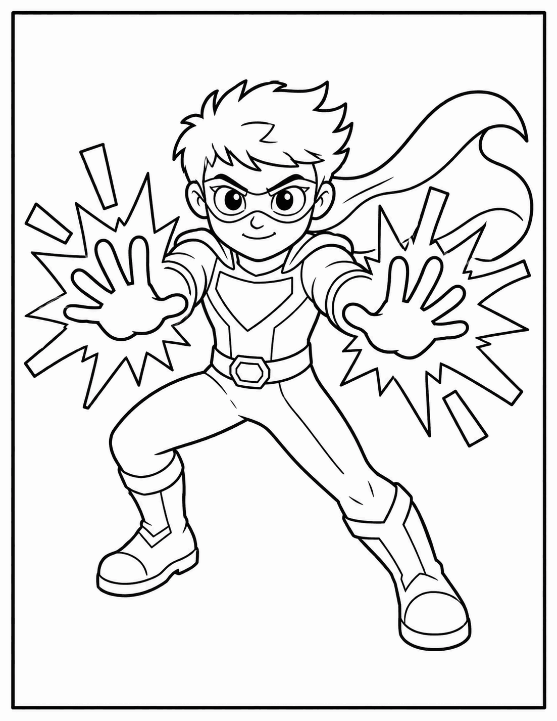 Outline drawing of a superhero boy blasting energy from his hands with comic action lines