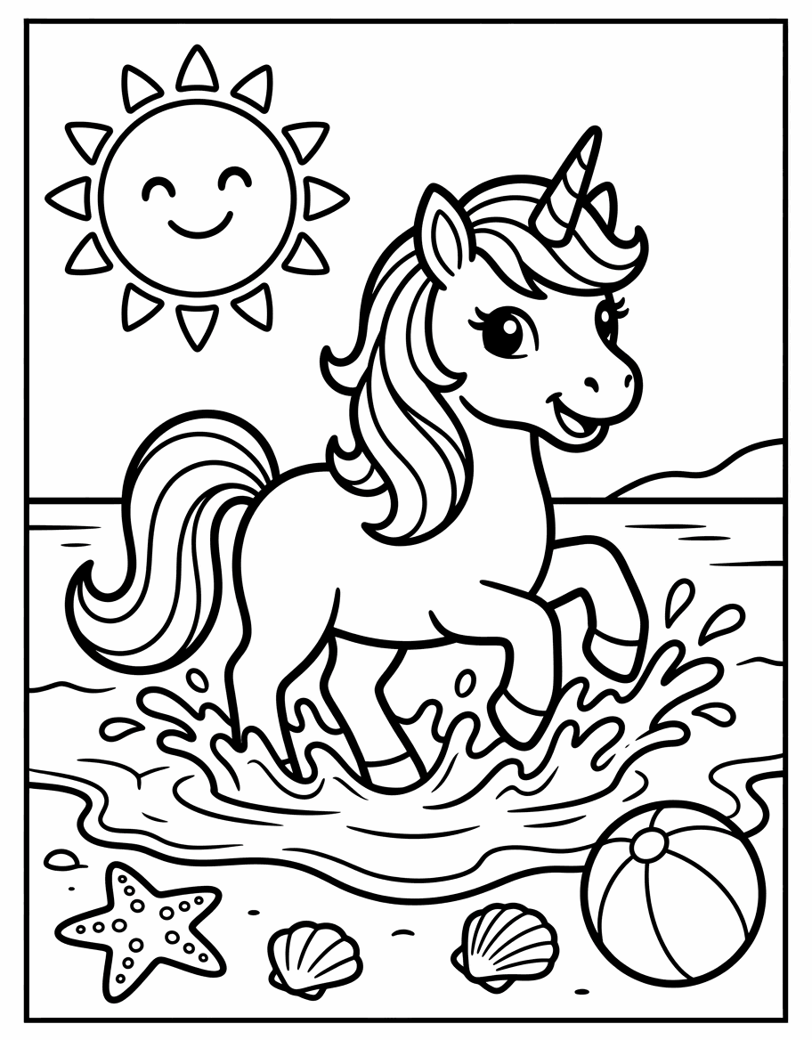 Outline drawing of a unicorn playing in ocean waves at the beach with a beach ball and starfish