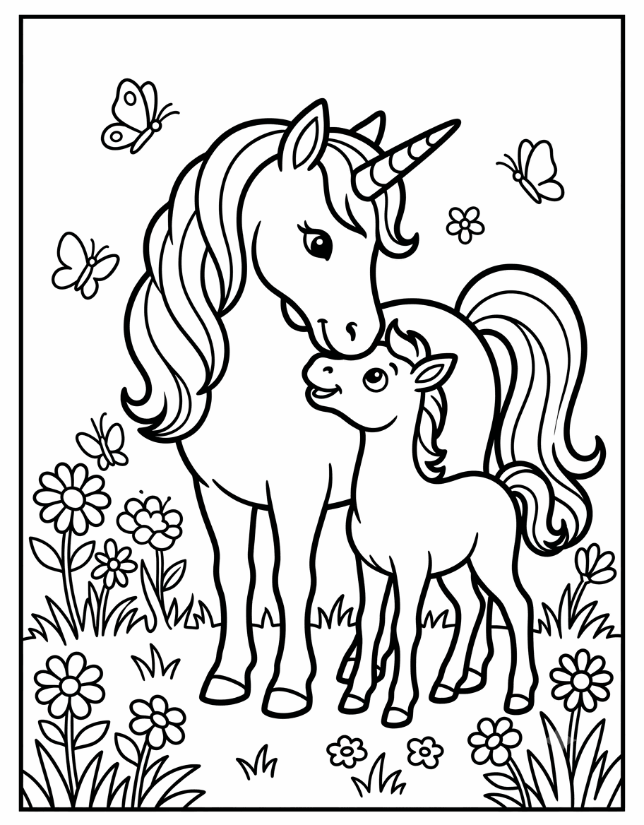 Outline drawing of a mother unicorn and foal nuzzling in a flower meadow with butterflies