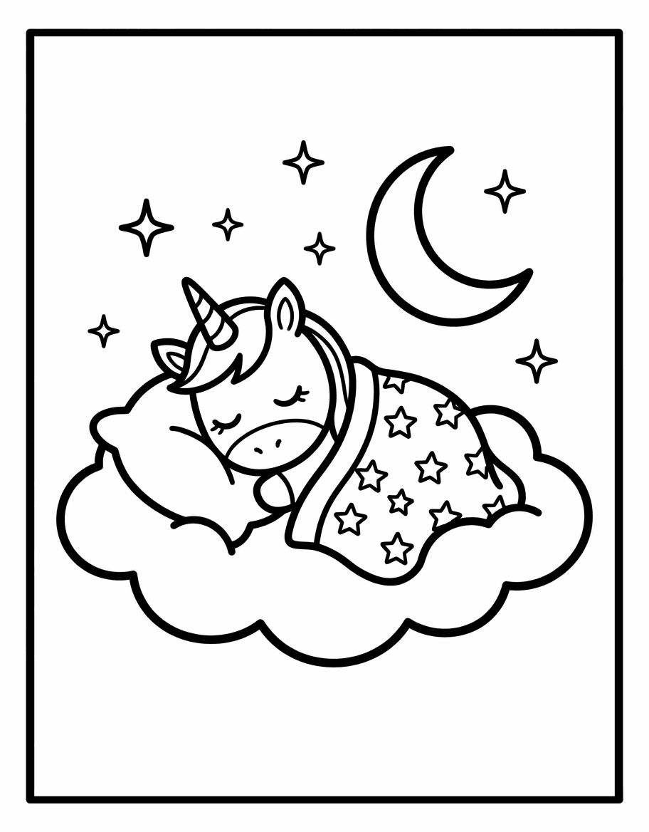 Outline drawing of a unicorn sleeping on a cloud pillow under the moon and stars