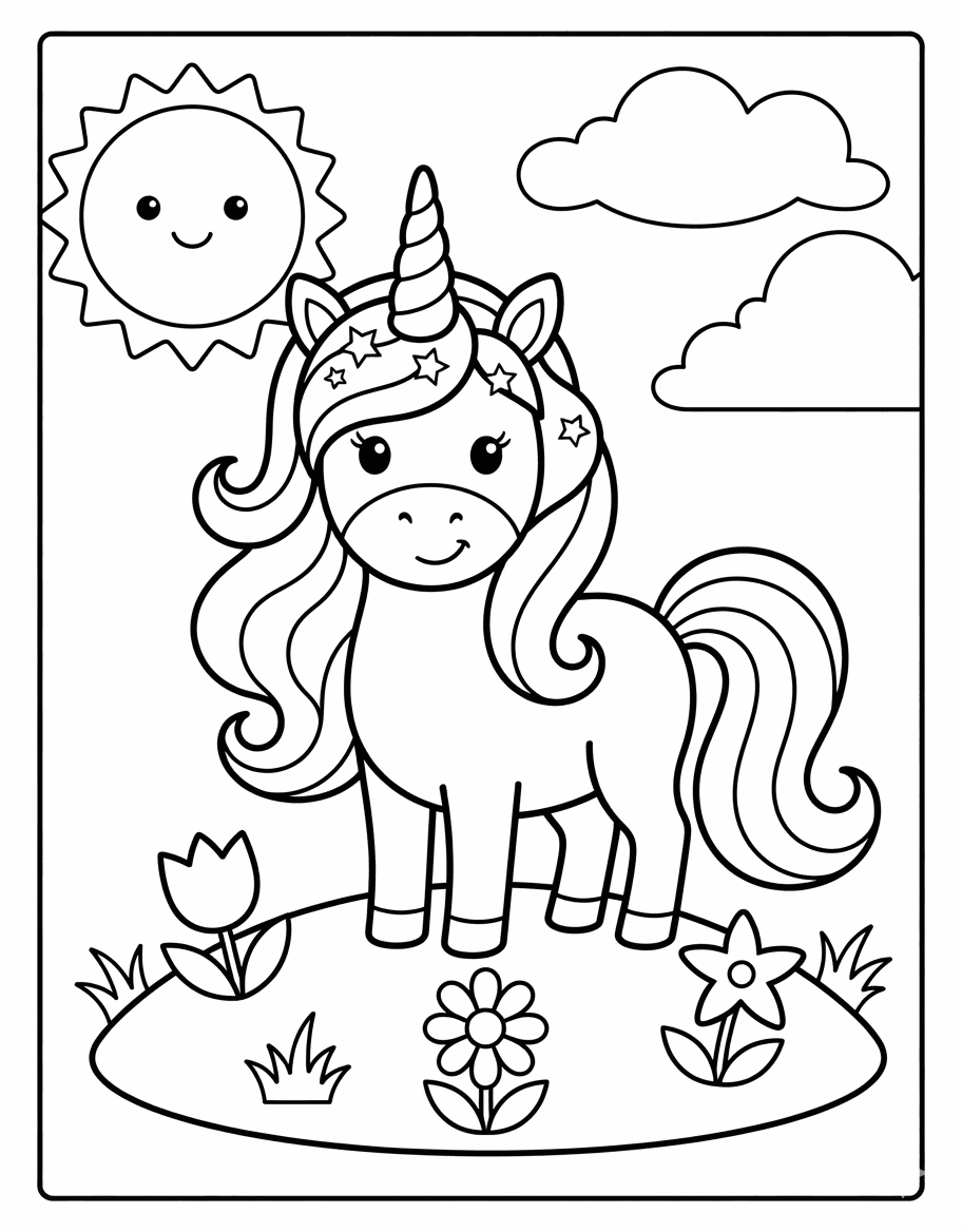 Outline drawing of a unicorn in a garden with a sun and clouds