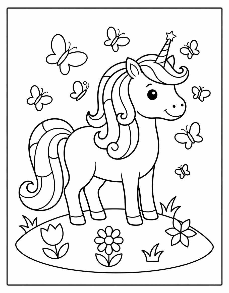 Outline drawing of a unicorn with butterflies and flowers