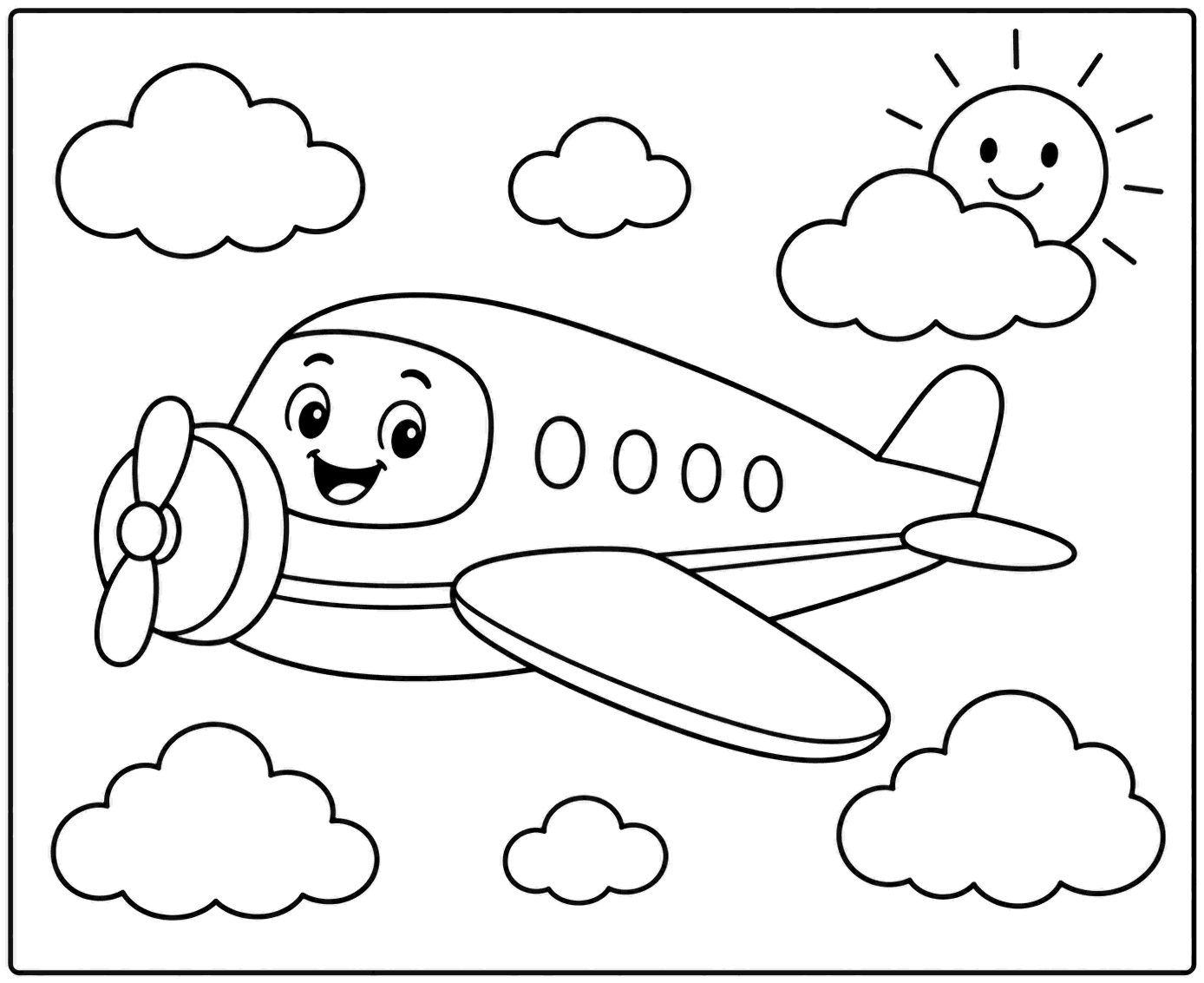 Outline drawing of a smiling propeller airplane flying among clouds
