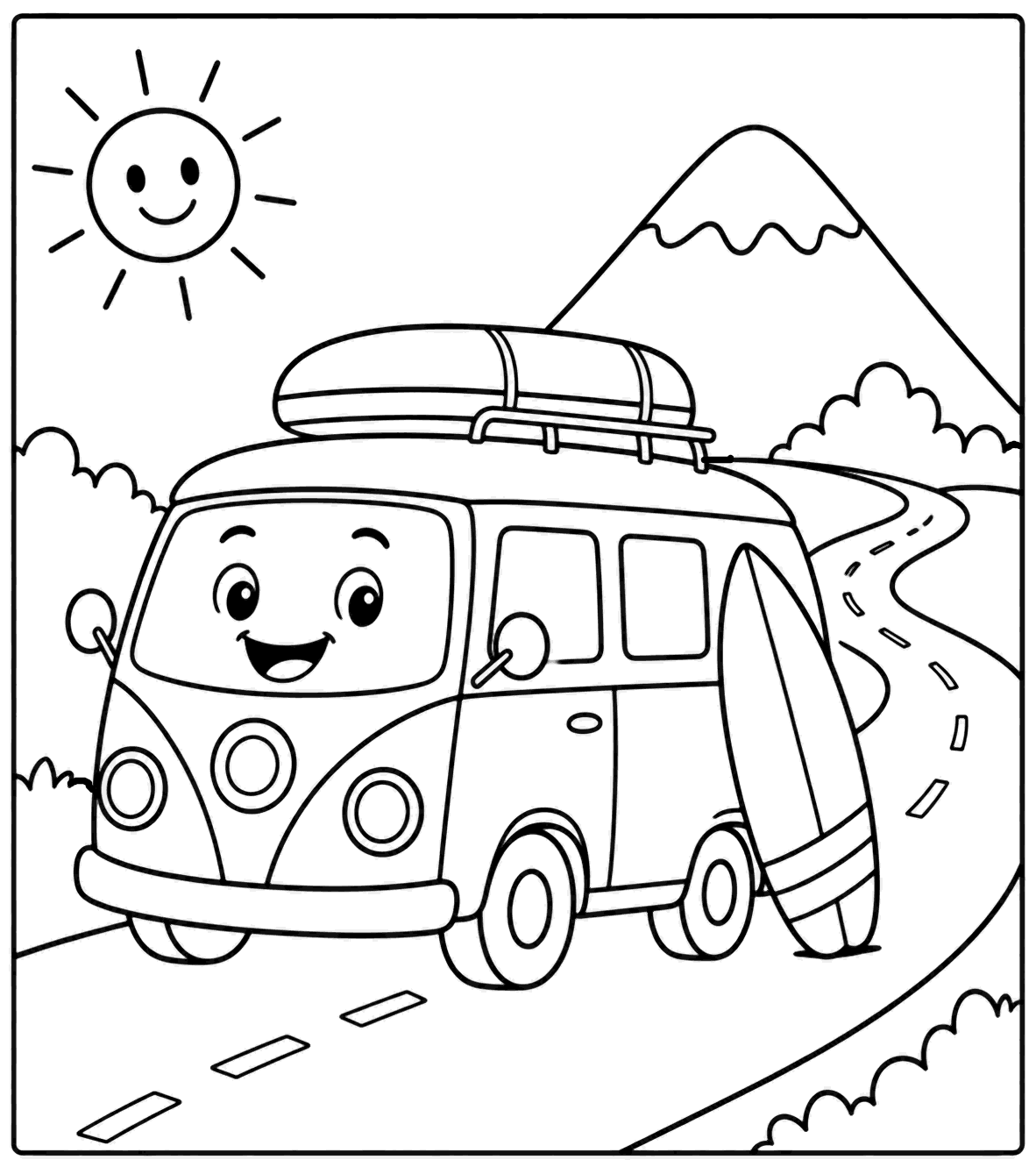 Outline drawing of a camper van with a surfboard driving toward the mountains