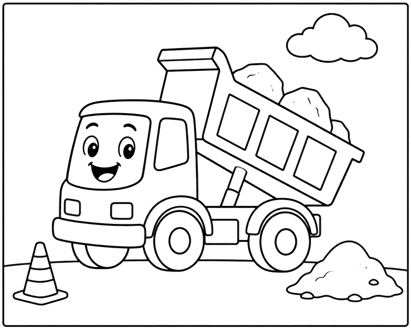 Outline drawing of a dump truck tipping rocks at a construction site