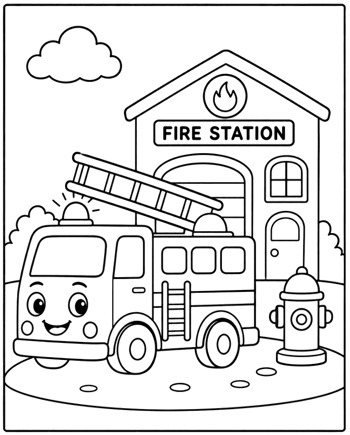 Outline drawing of a fire truck with a ladder parked outside a fire station