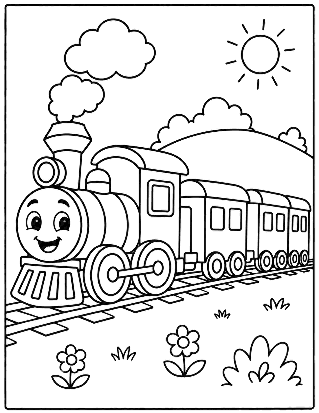 Outline drawing of a smiling steam train pulling passenger cars on railroad tracks