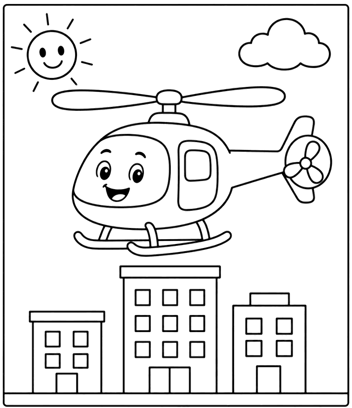 Outline drawing of a helicopter flying over city buildings under the sun