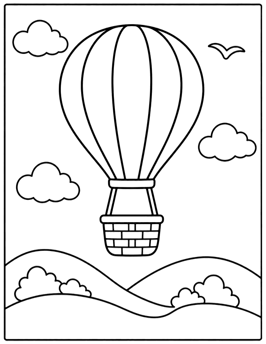Outline drawing of a hot air balloon with a basket floating over hills