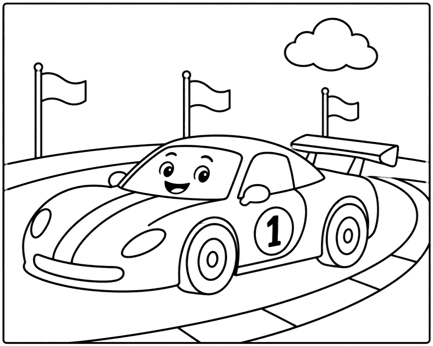 Outline drawing of a race car with the number one speeding around a track