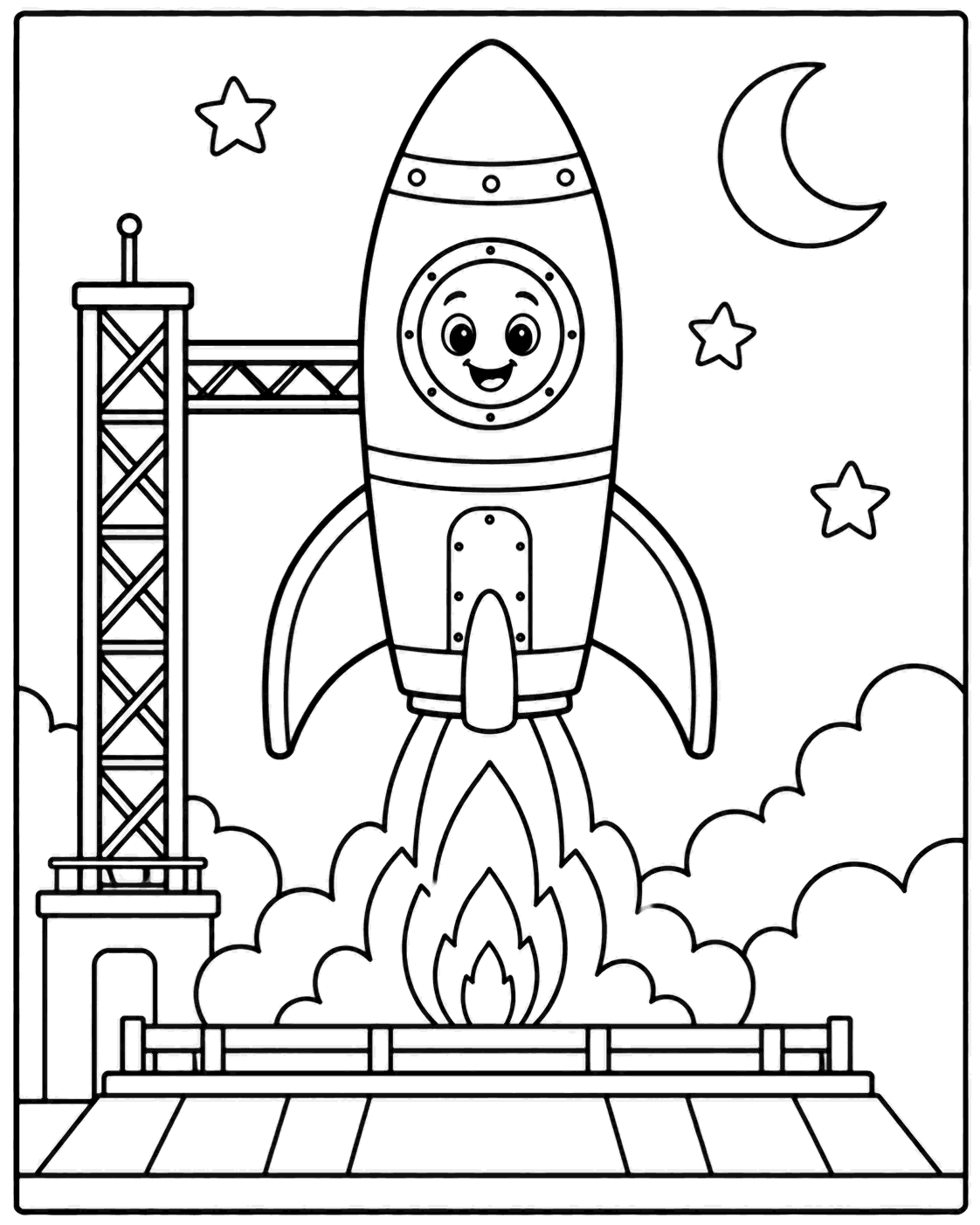 Outline drawing of a rocket launching from a launch pad under the moon and stars
