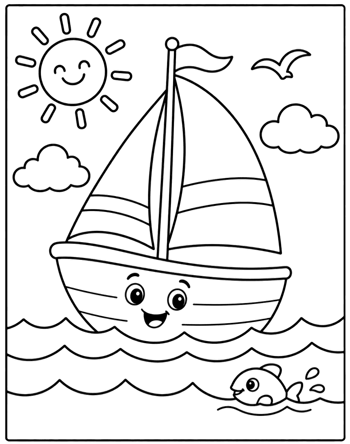 Outline drawing of a smiling sailboat on ocean waves with a fish nearby