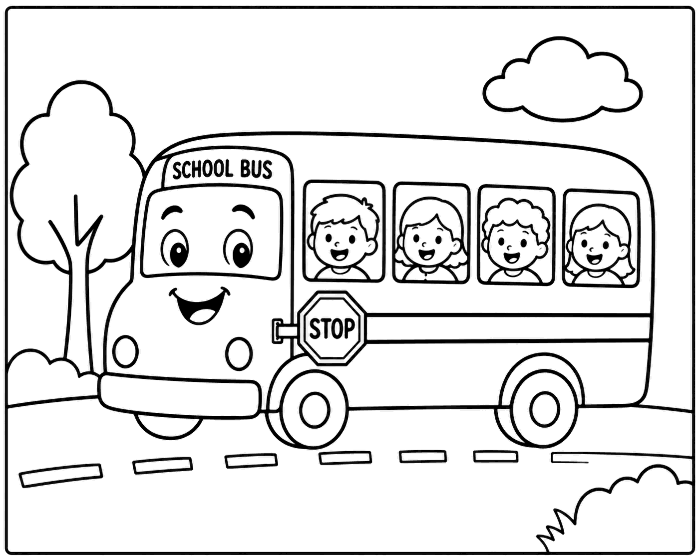 Outline drawing of a smiling school bus with children looking out the windows