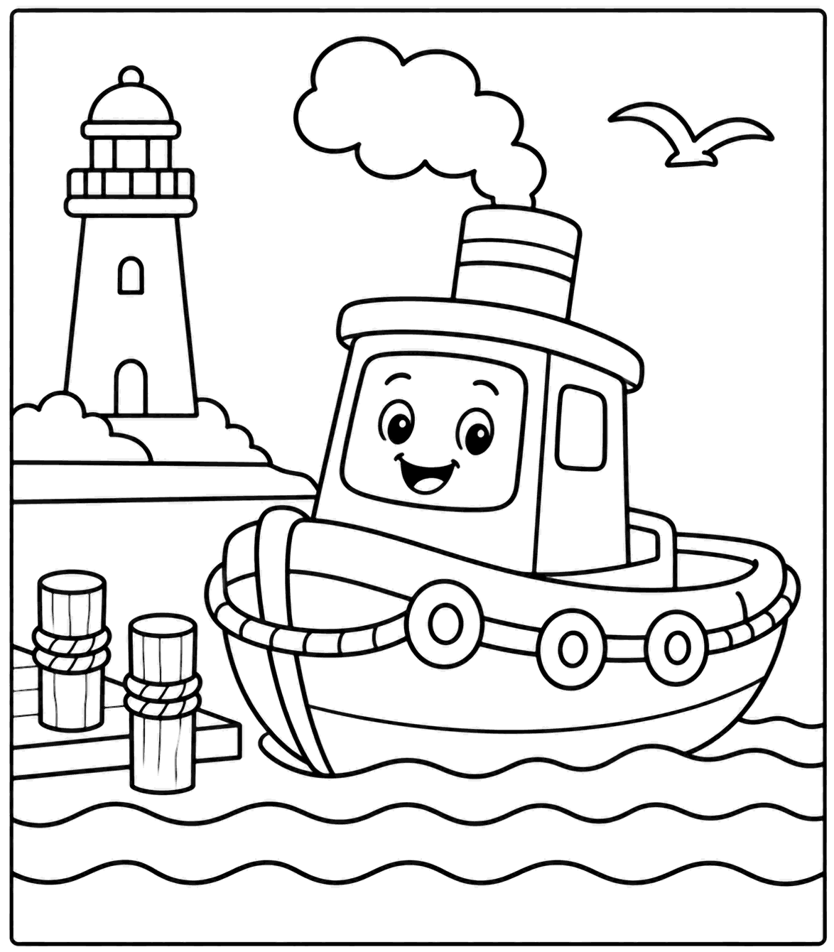Outline drawing of a tugboat near a dock with a lighthouse in the background