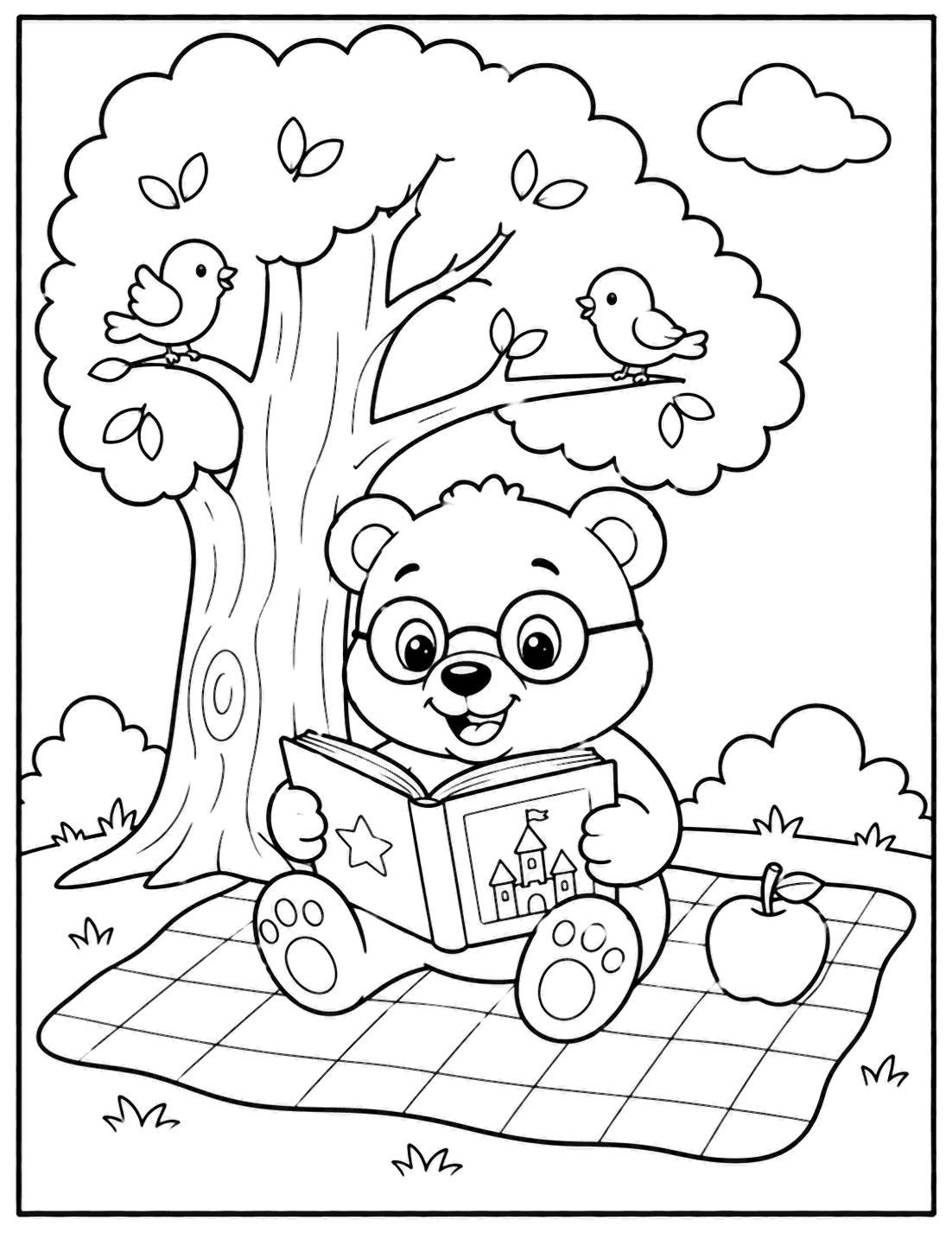 Outline drawing of a bear wearing glasses reading a book under a tree with birds