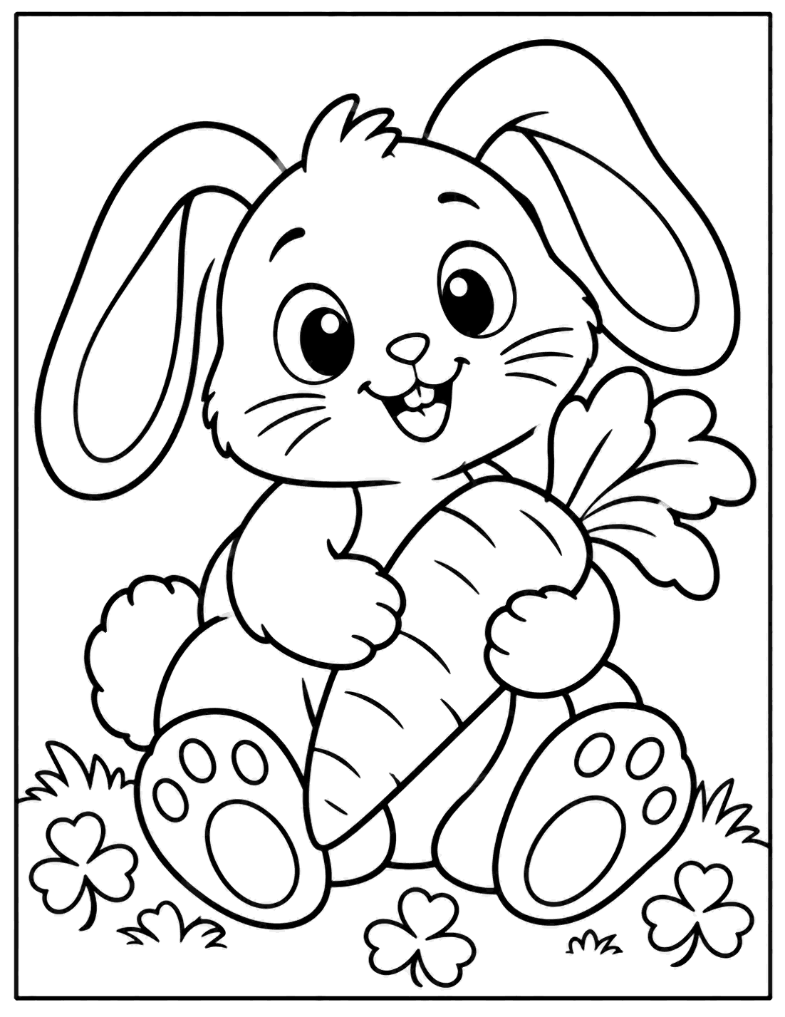 Outline drawing of a bunny hugging a giant carrot surrounded by clovers
