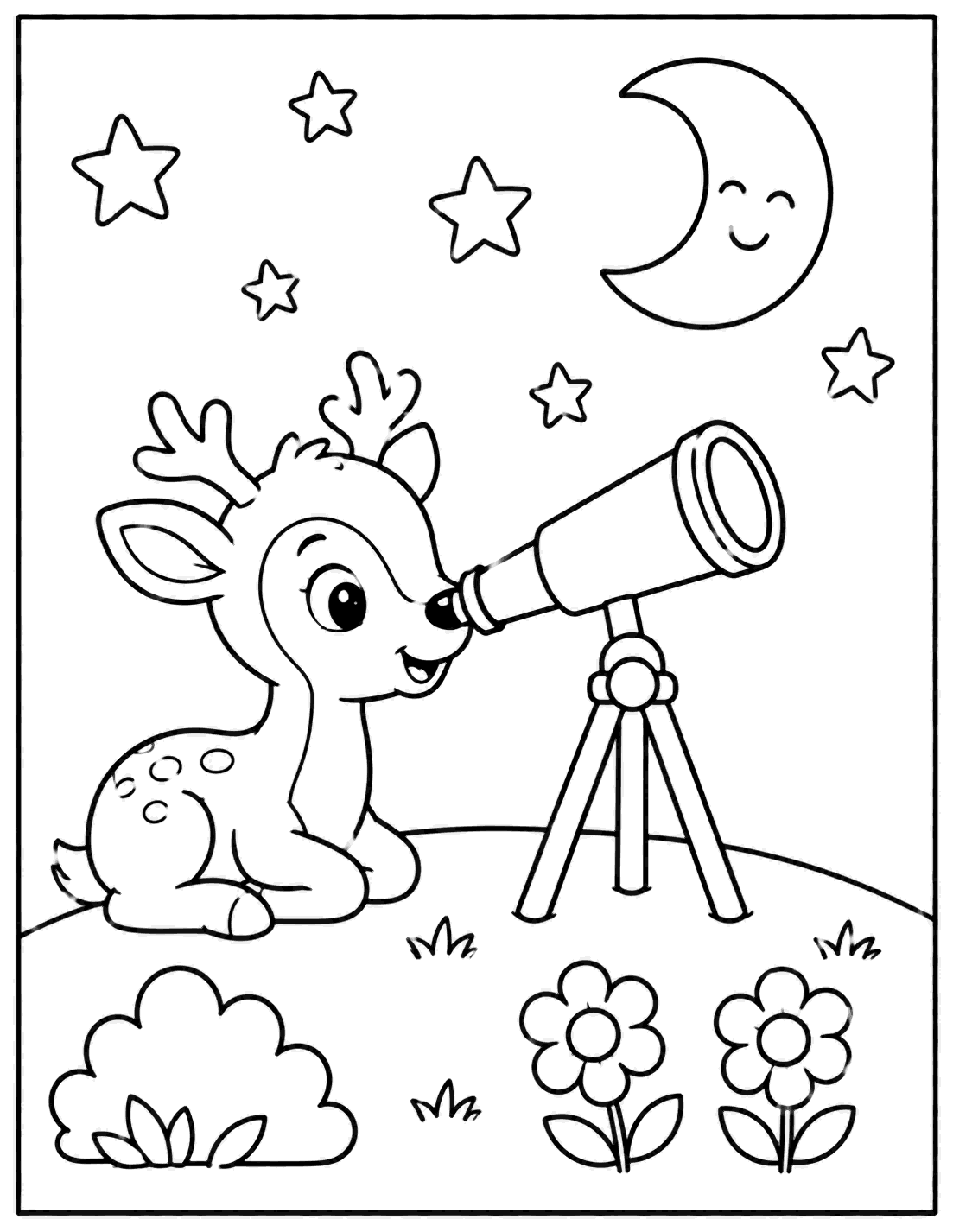 Outline drawing of a baby deer looking through a telescope at the night sky