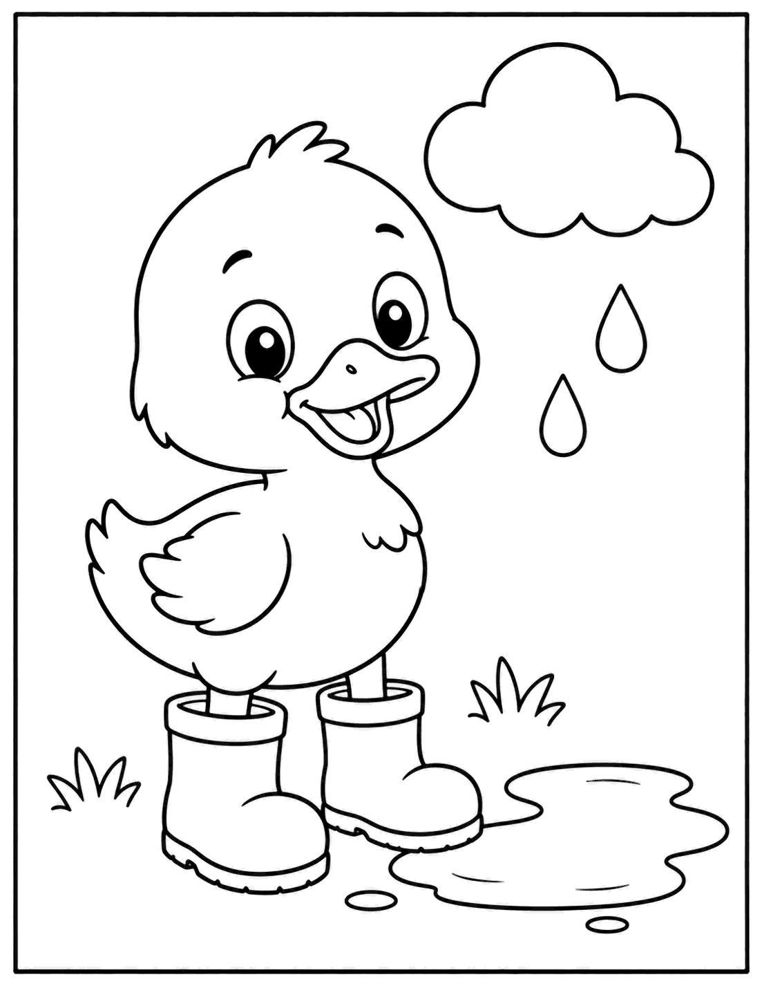 Outline drawing of a duckling wearing rain boots next to a puddle in the rain