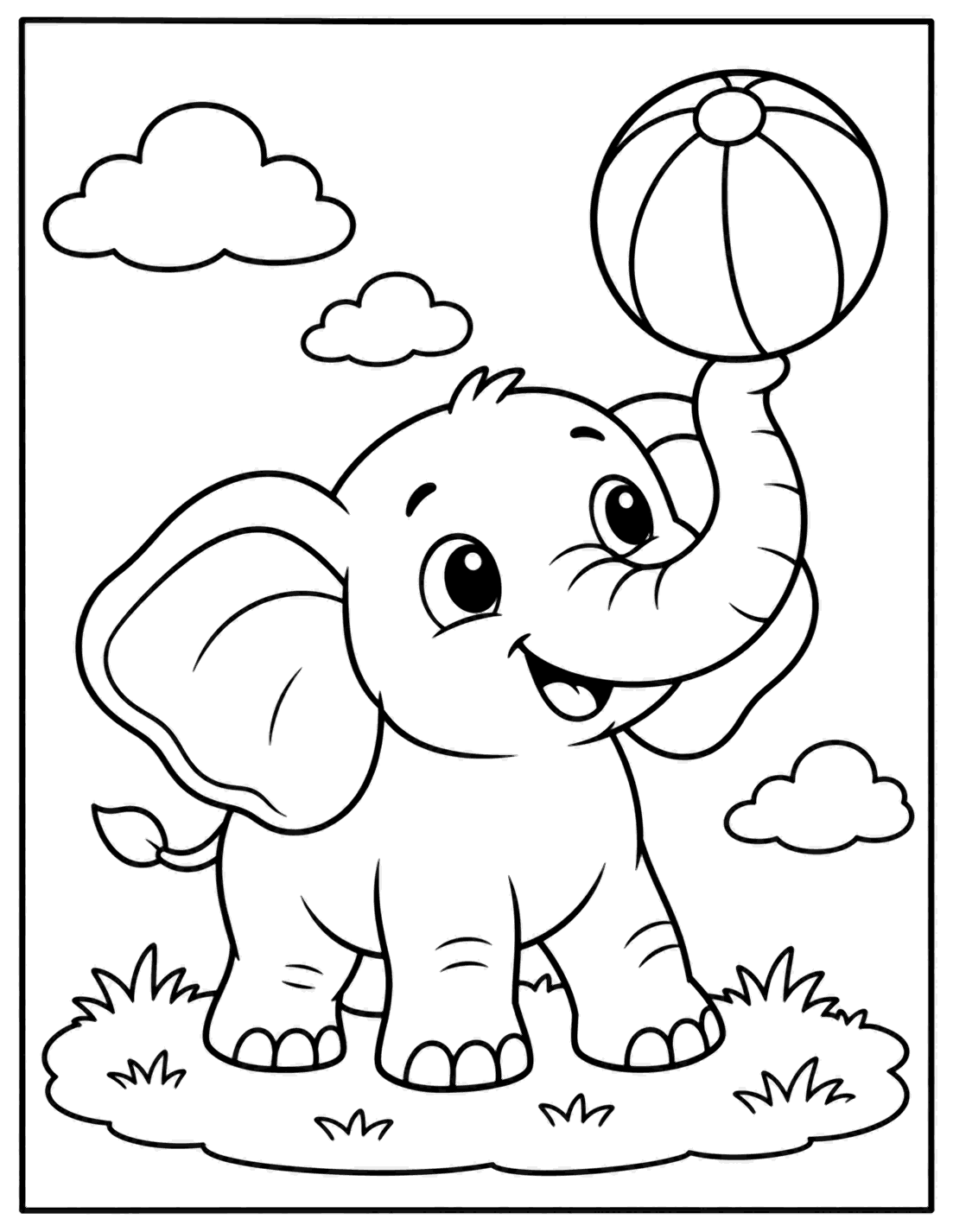Outline drawing of a baby elephant balancing a beach ball on its trunk