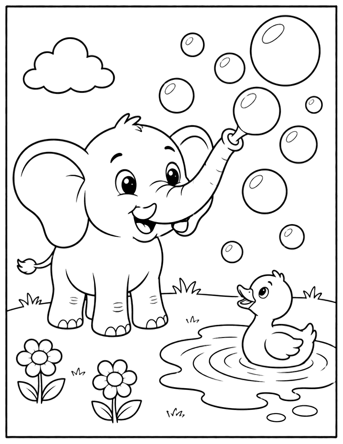Outline drawing of an elephant blowing bubbles from its trunk toward a duck