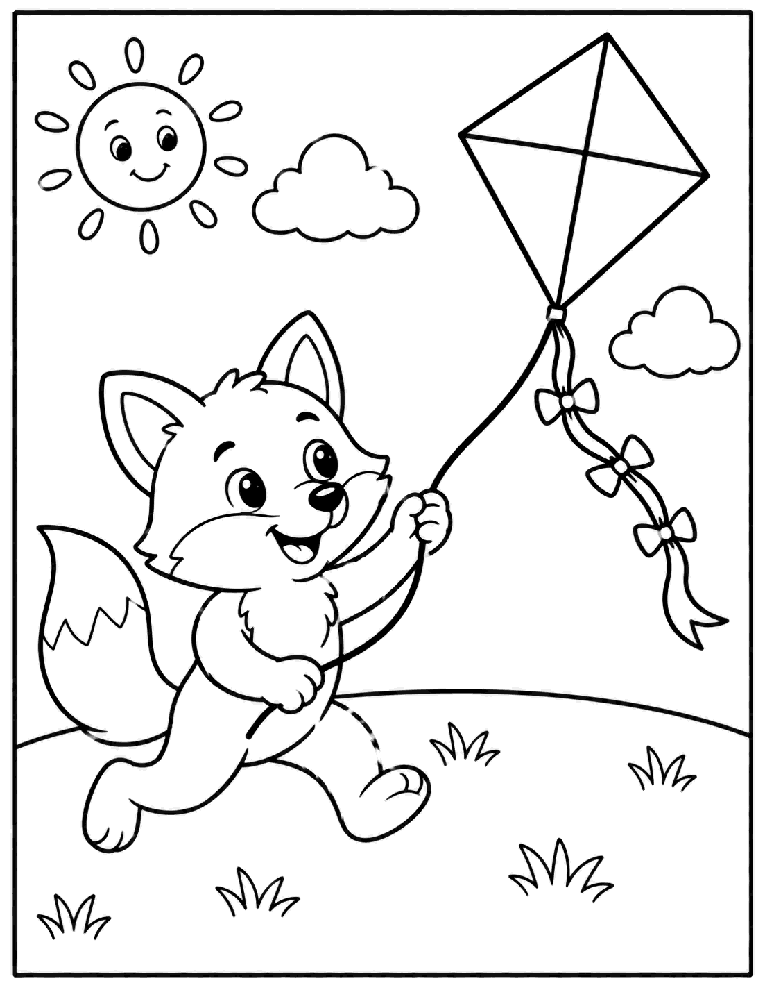 Outline drawing of a fox running while flying a kite under a smiling sun