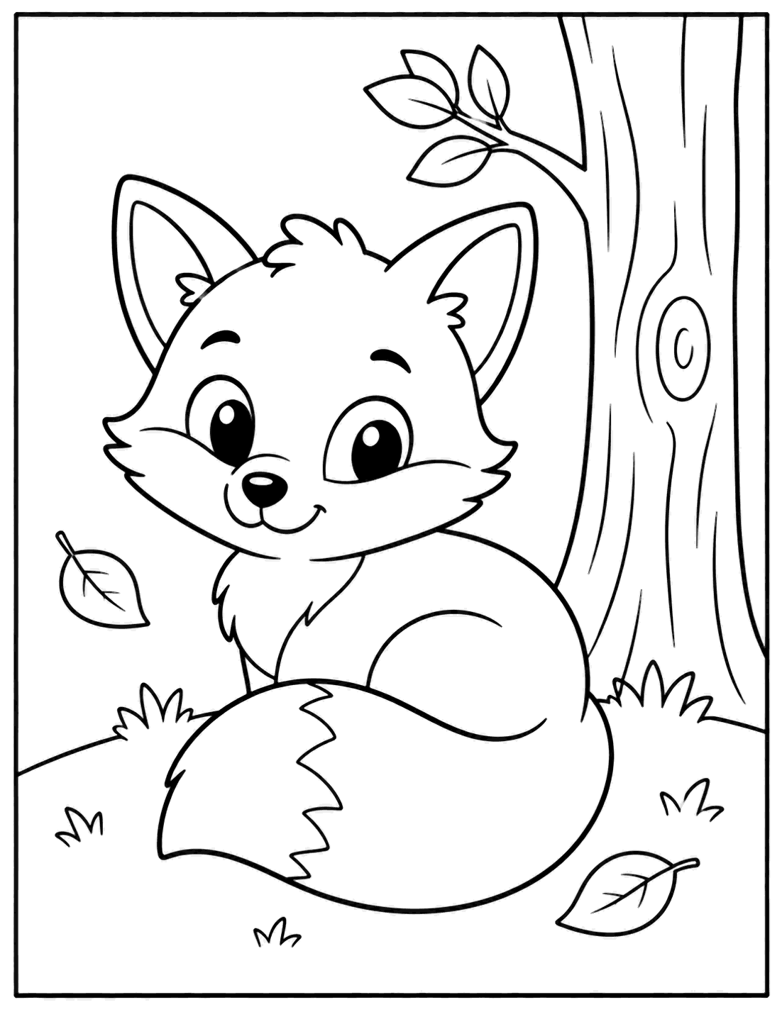 Outline drawing of a fox curled up under a tree with falling leaves