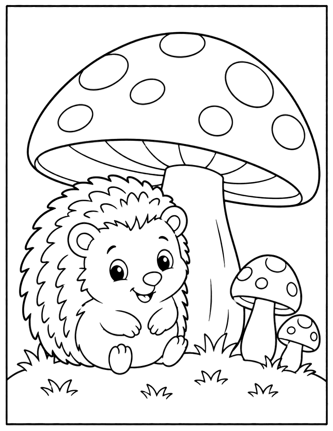 Outline drawing of a hedgehog sitting under a large spotted mushroom