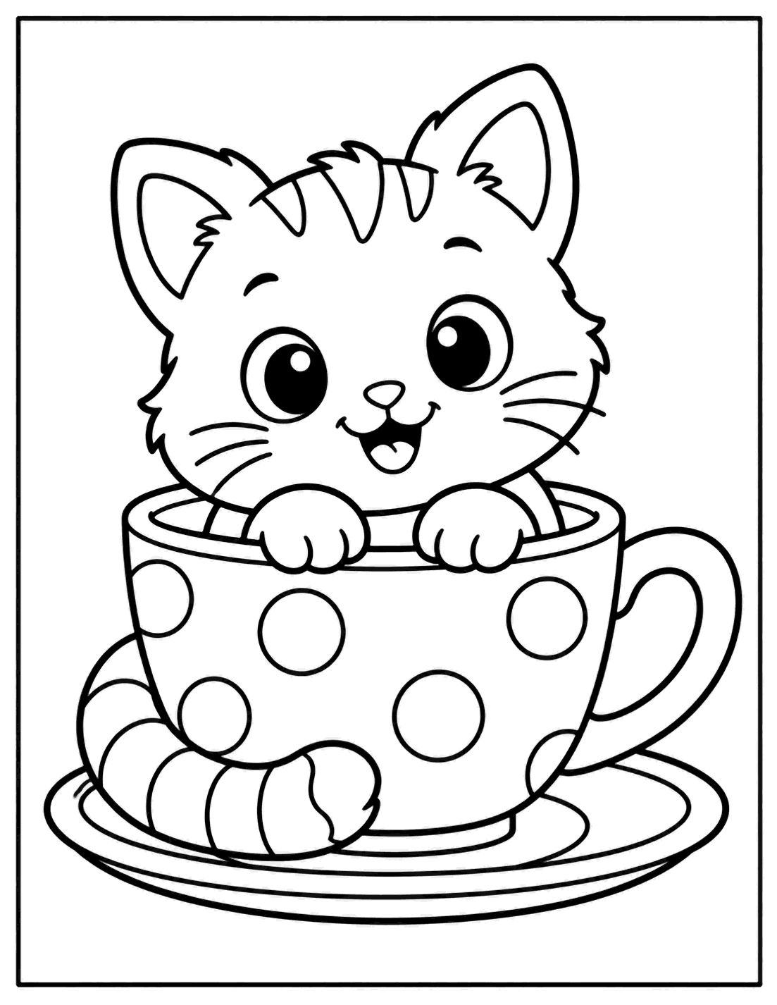 Outline drawing of a kitten sitting inside a polka-dot teacup