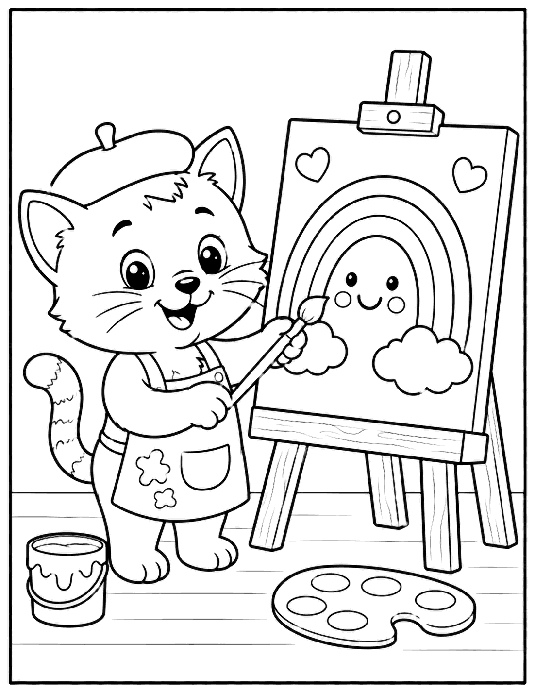 Outline drawing of a kitten wearing a beret painting a rainbow on an easel