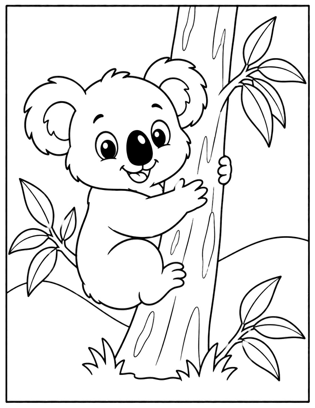 Outline drawing of a koala climbing a eucalyptus tree