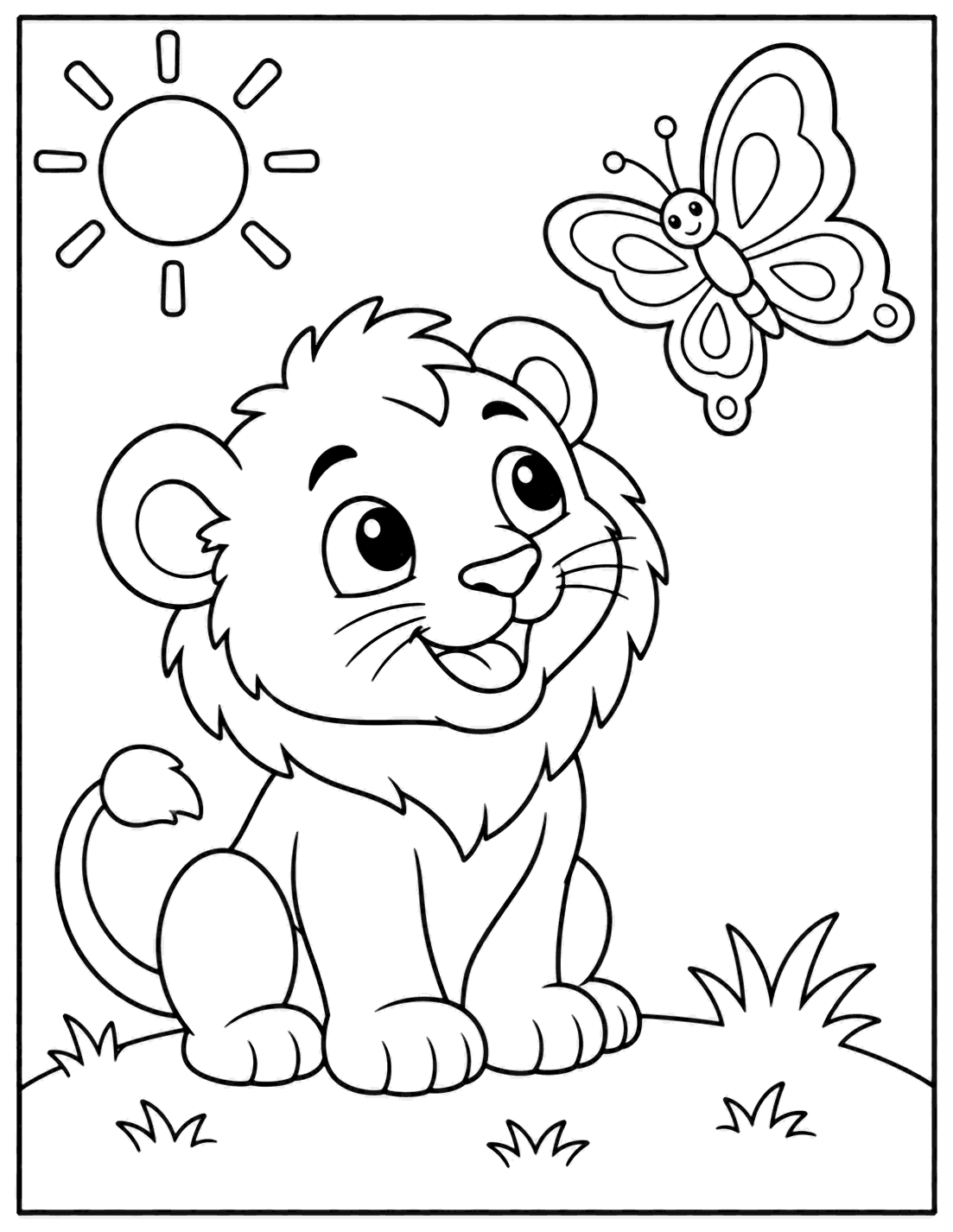 Outline drawing of a lion cub watching a butterfly under the sun