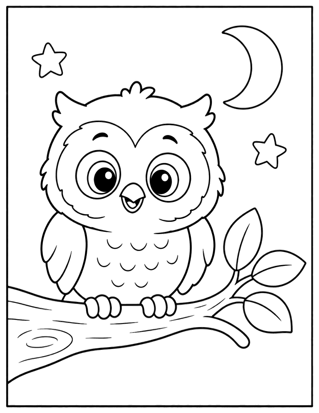 Outline drawing of an owl perched on a branch under the moon and stars