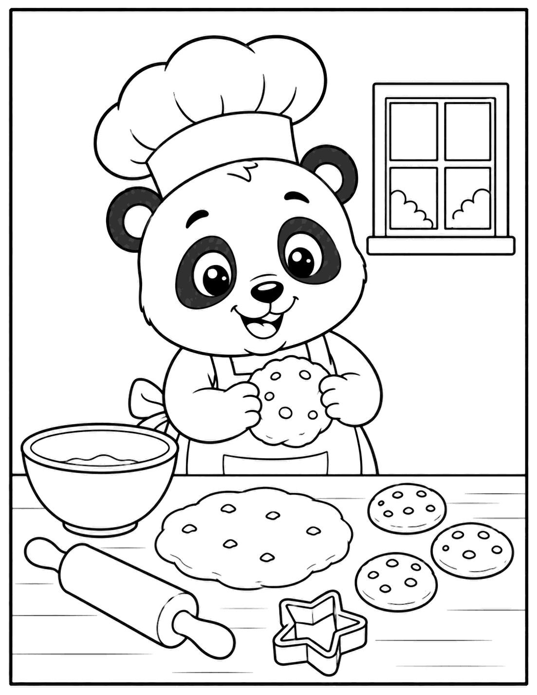 Outline drawing of a panda wearing a chef hat and apron baking cookies