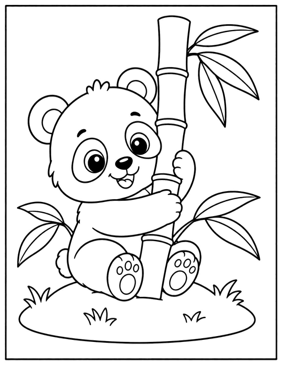 Outline drawing of a panda hugging a tall bamboo stalk