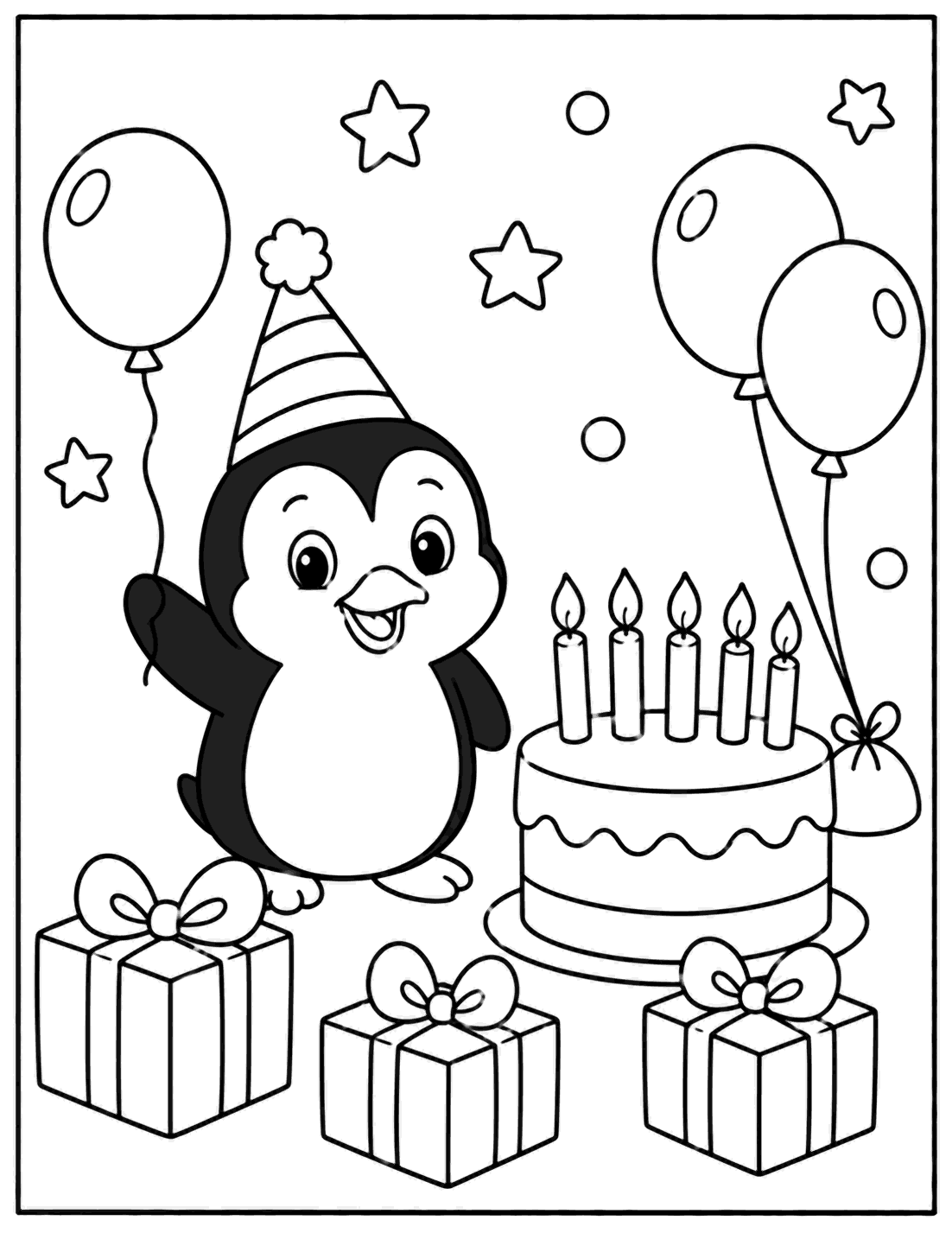 Outline drawing of a penguin wearing a party hat next to a birthday cake and presents
