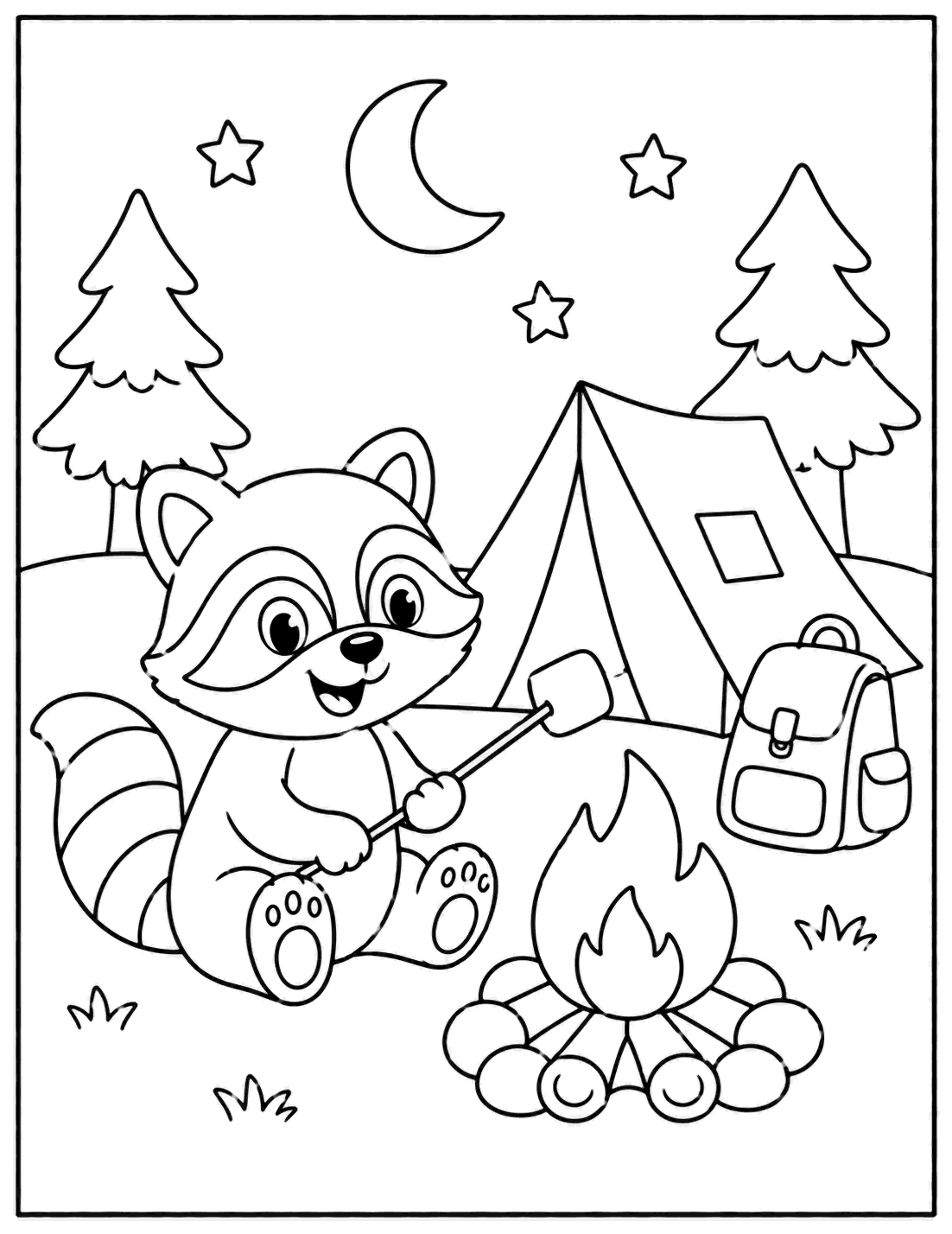 Outline drawing of a raccoon roasting a marshmallow over a campfire next to a tent
