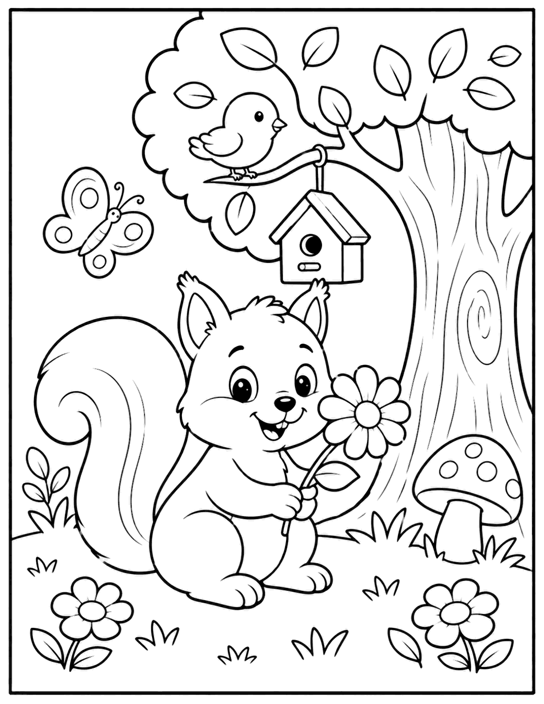 Outline drawing of a squirrel holding a flower under a birdhouse in a tree