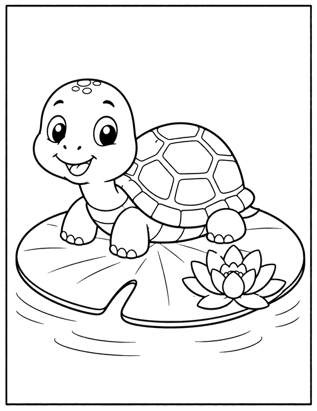 Outline drawing of a turtle sitting on a lily pad beside a lotus flower