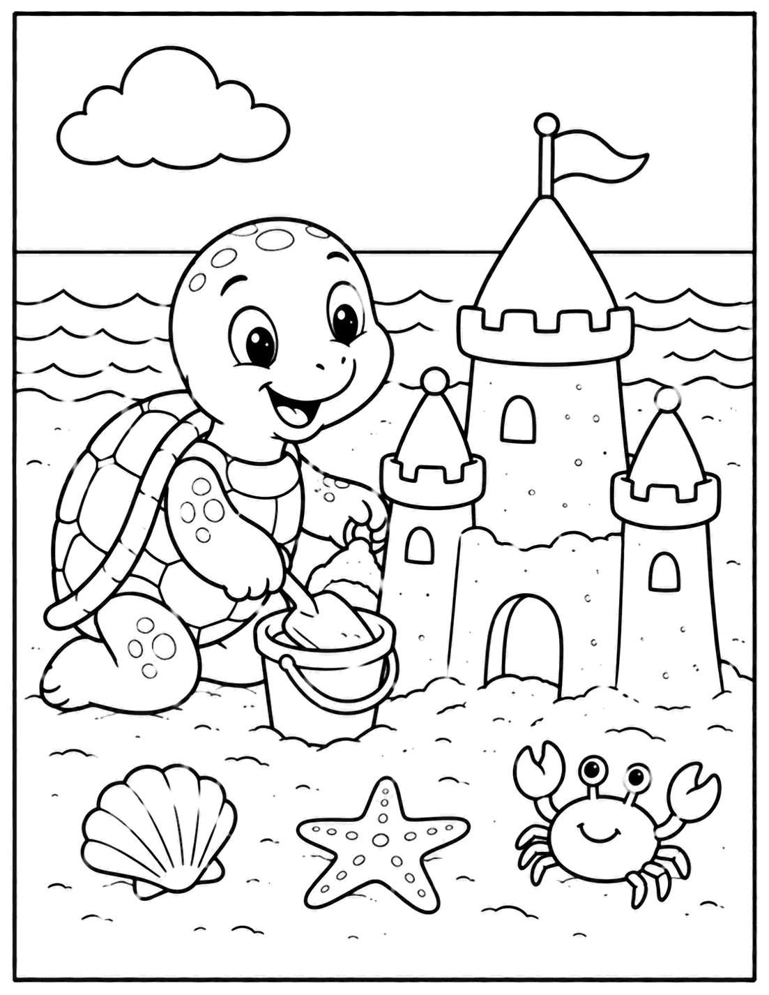 Outline drawing of a turtle building a sandcastle at the beach with a crab and starfish
