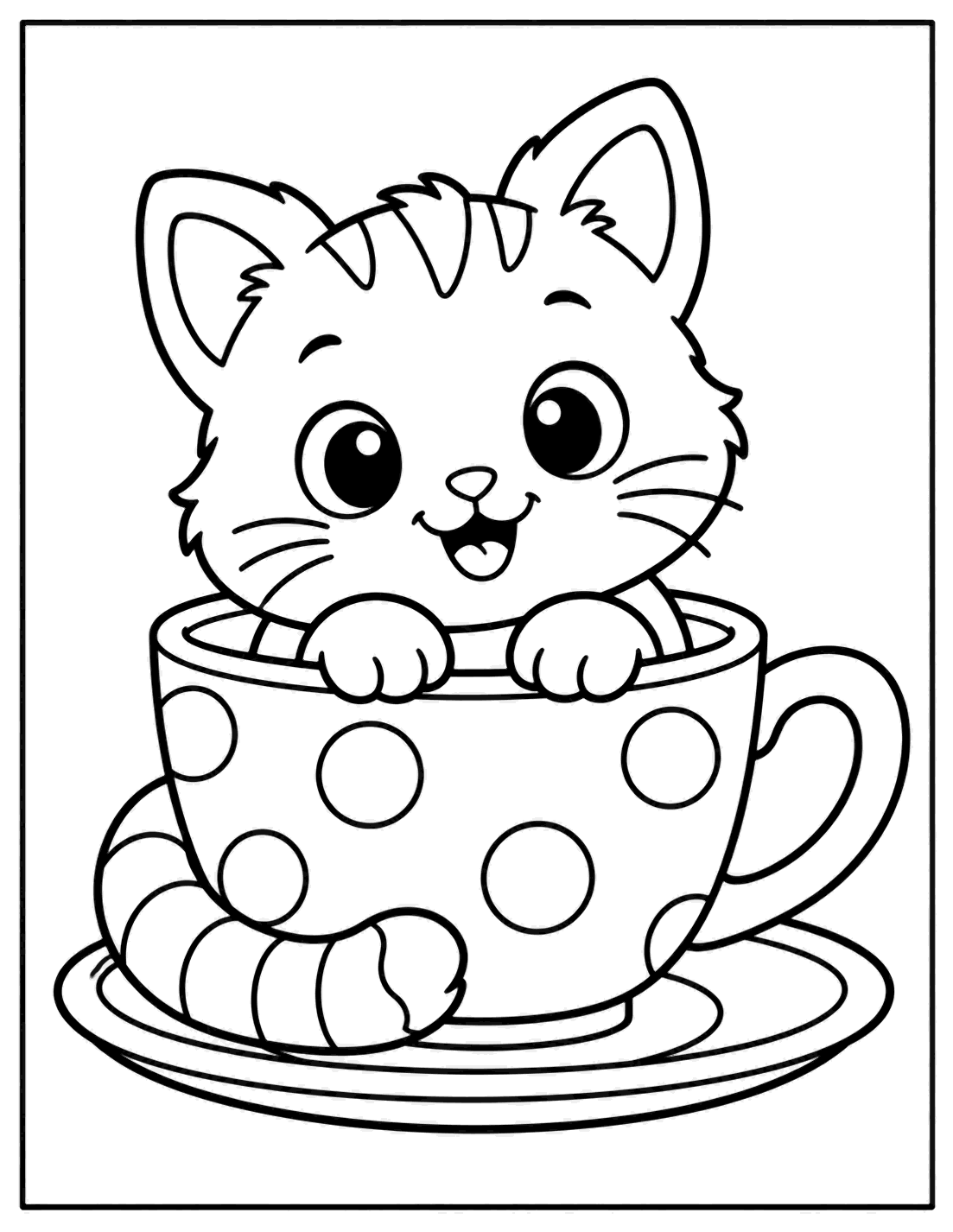 Outline drawing of a kitten sitting inside a polka-dot teacup