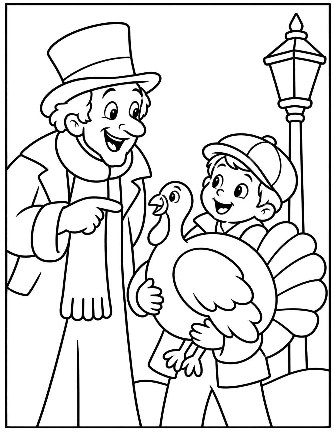 Outline drawing of a smiling man in a top hat pointing at a turkey held by a boy in a cap beside a street lamp