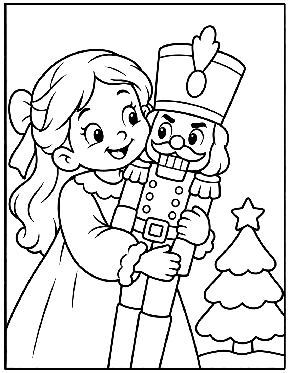 Outline drawing of a girl with a hair bow hugging a Nutcracker soldier toy next to a small Christmas tree