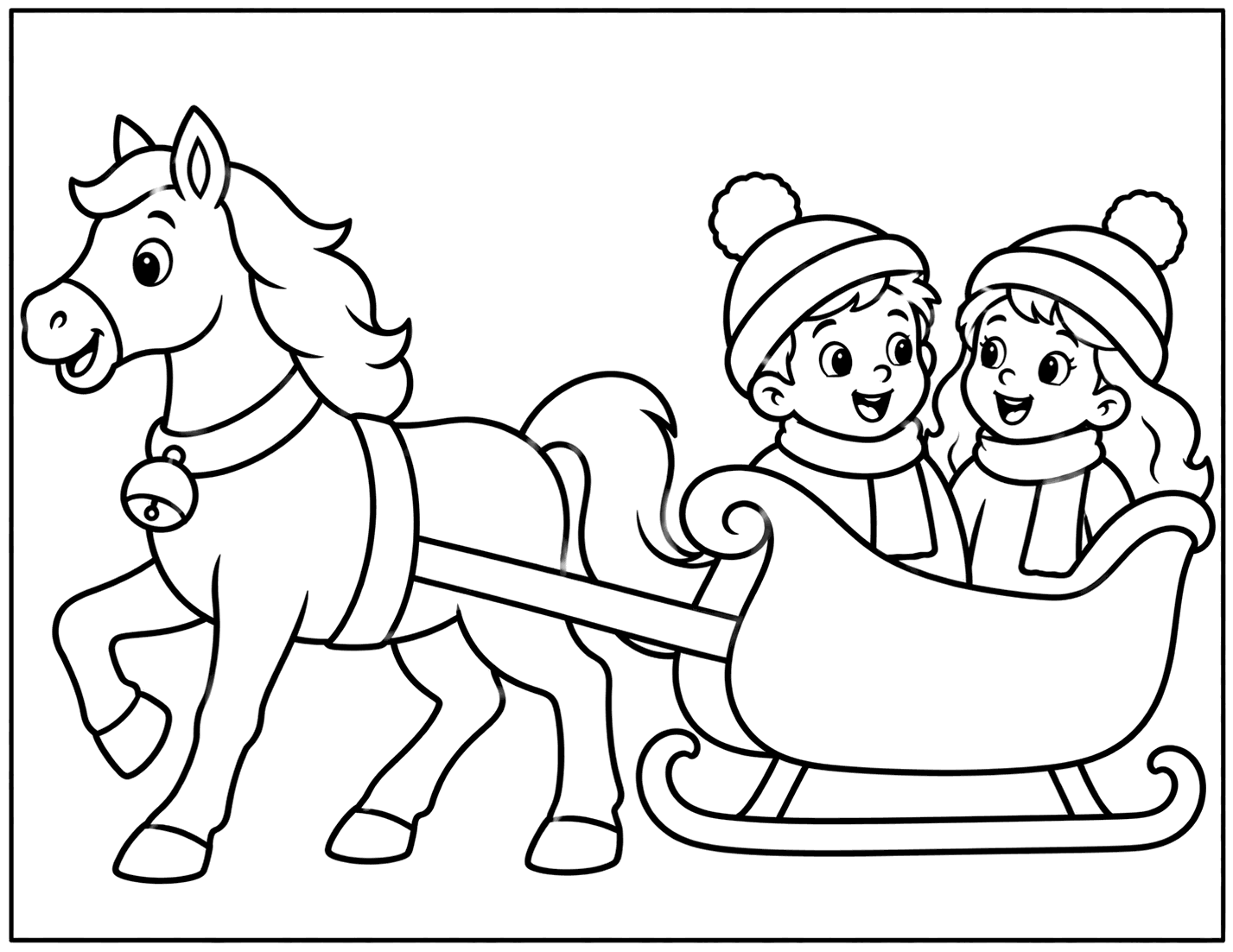 Outline drawing of a horse with a bell collar pulling two smiling children in a sleigh