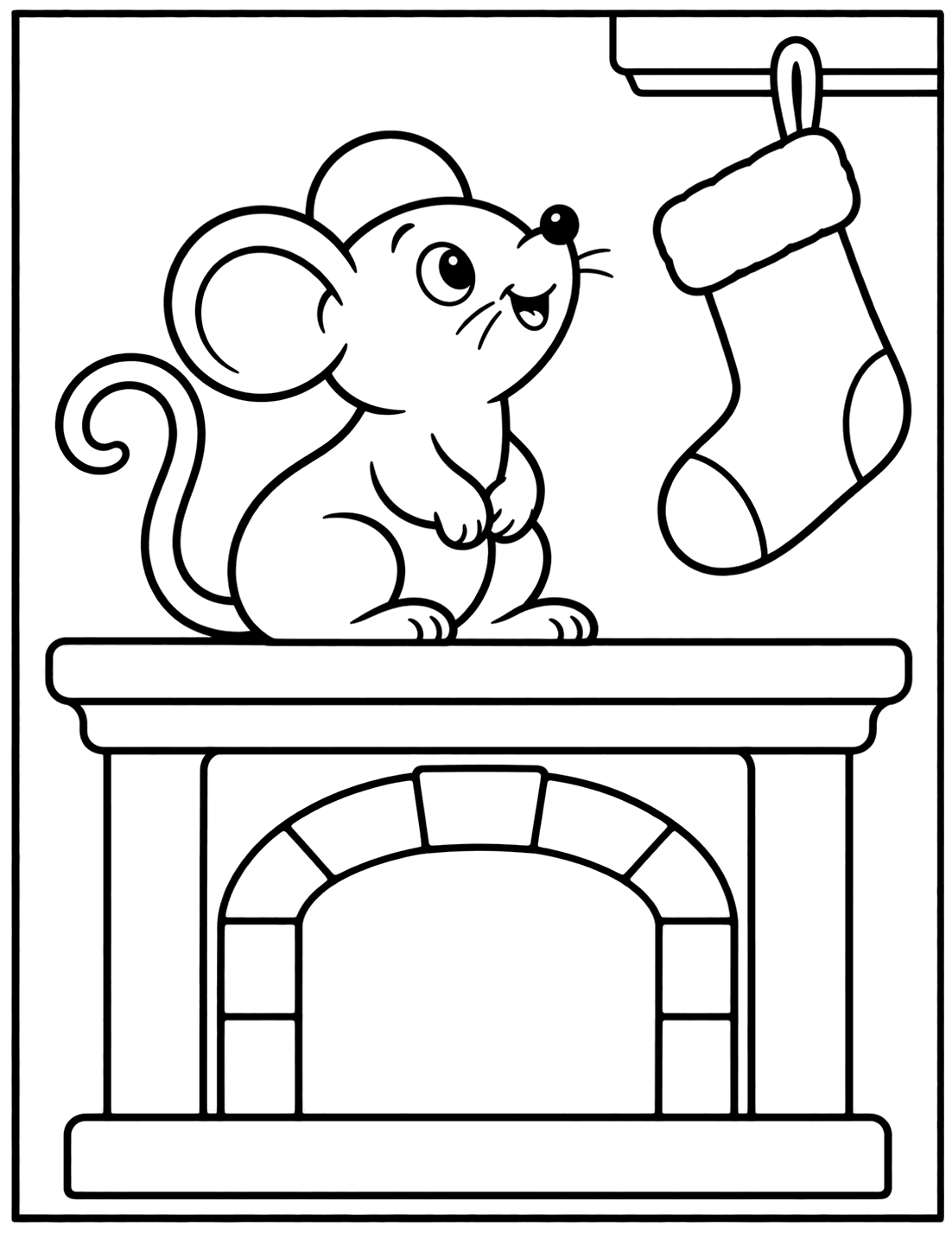 Outline drawing of a small mouse sitting on a fireplace mantel next to a hanging Christmas stocking
