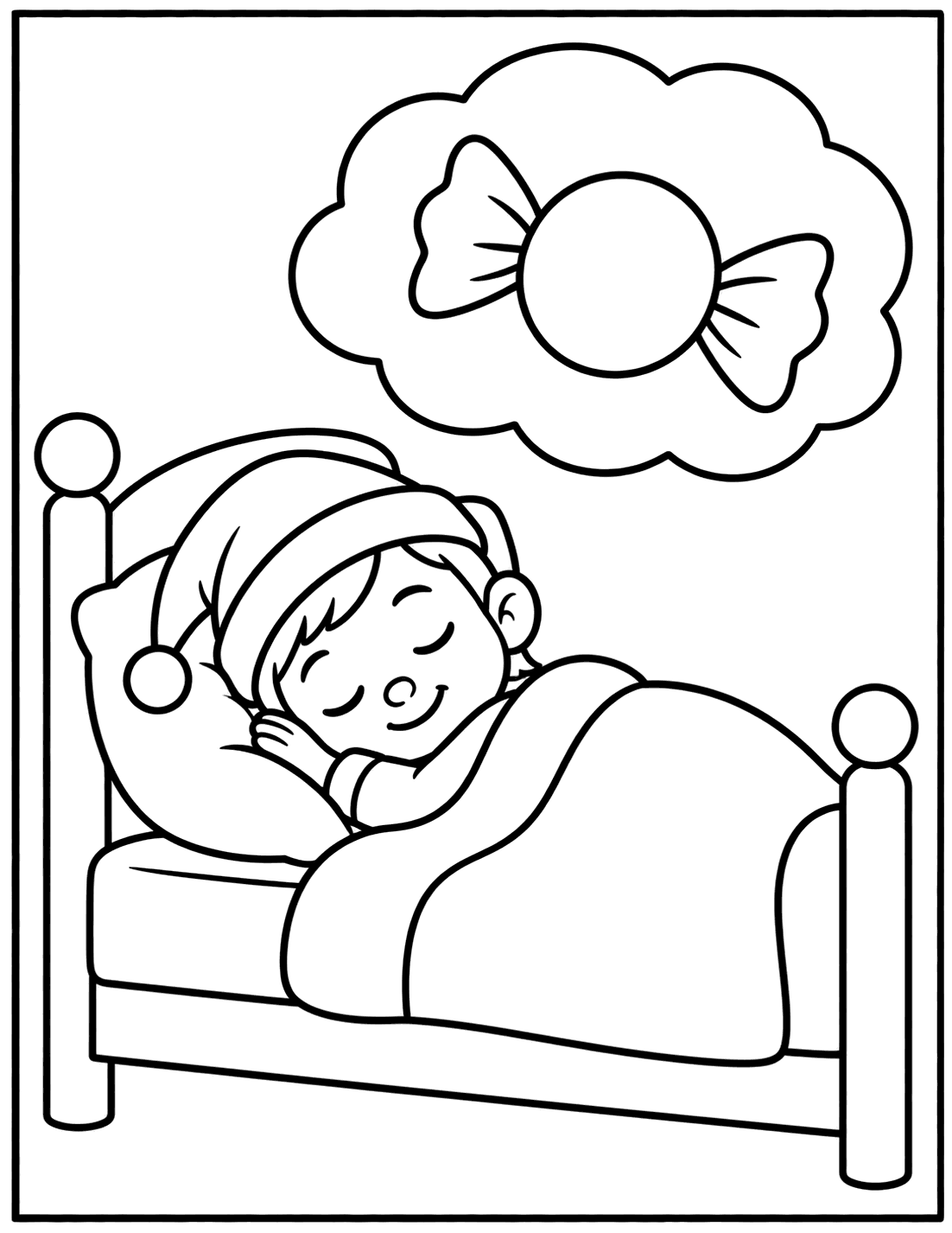 Outline drawing of a sleeping child in a nightcap with a dream bubble showing a wrapped candy